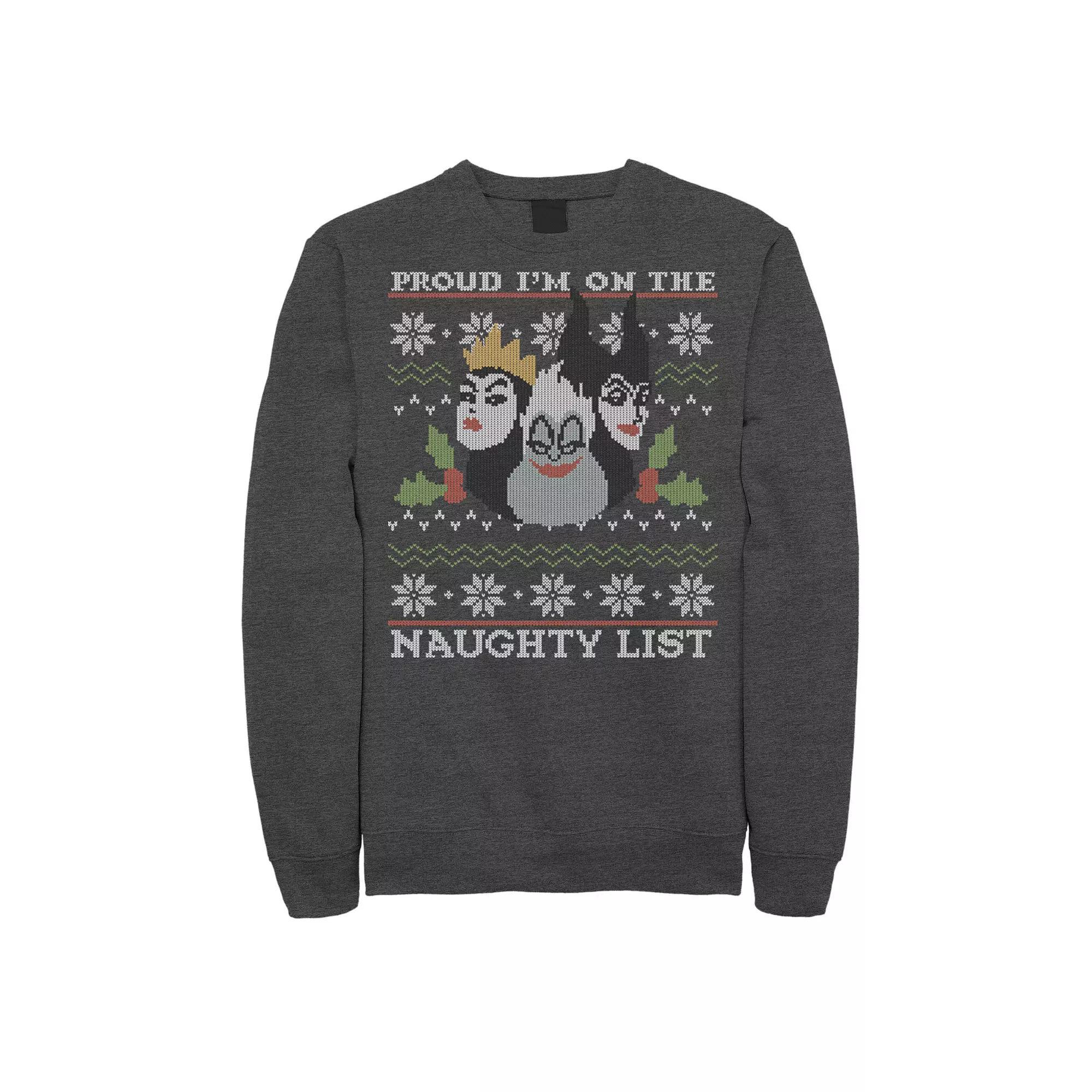 Men's Disney Villains Proud To Be On The Naughty List Ugly Sweater Fleece, Size: Medium, Grey Heather Product Image