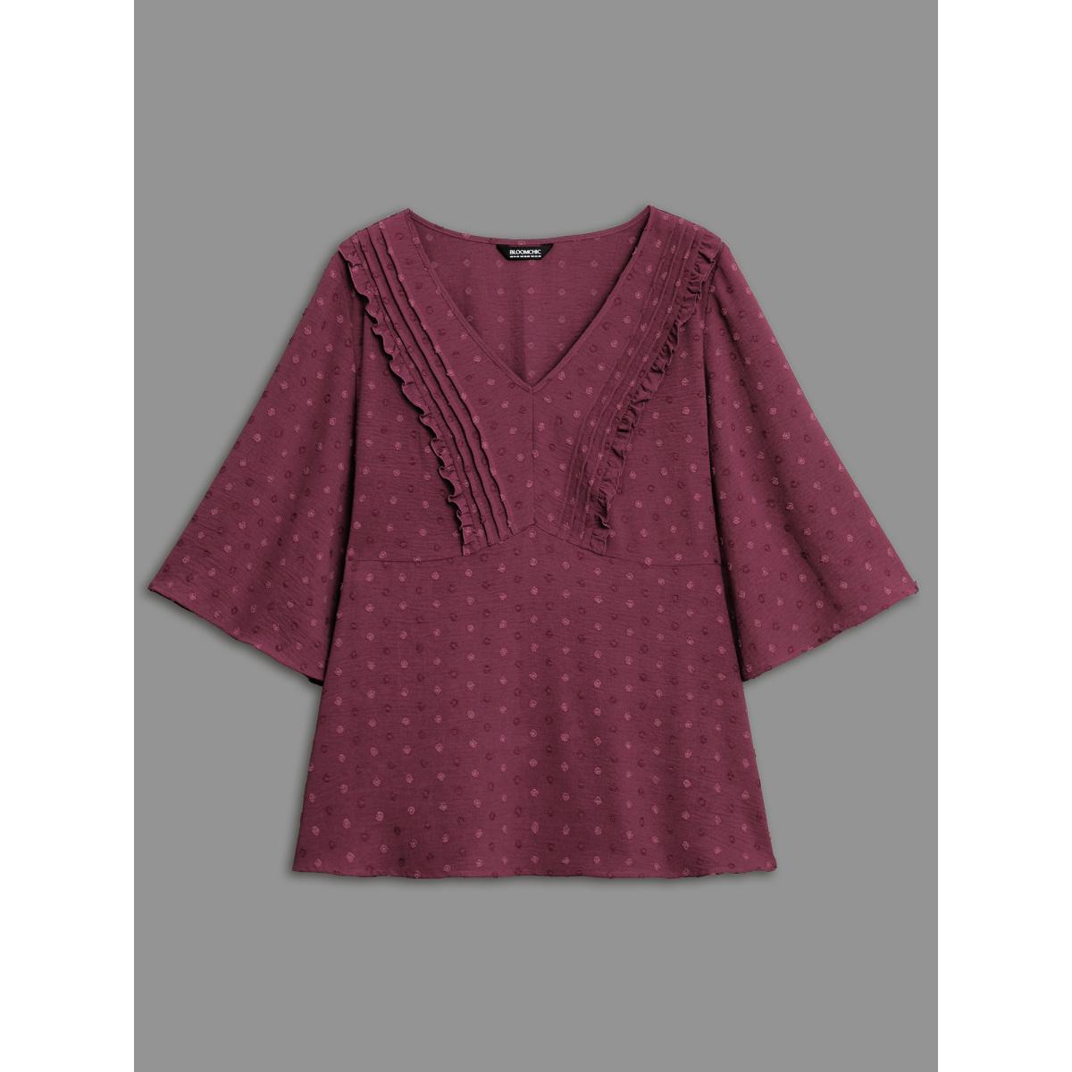Plus Size Plum Ruffled Pleated Stretchy Waist Flowy Blouse Women Elegant Elbow-length sleeve V-neck Everyday Blouses BloomChic 18-20/2X Product Image