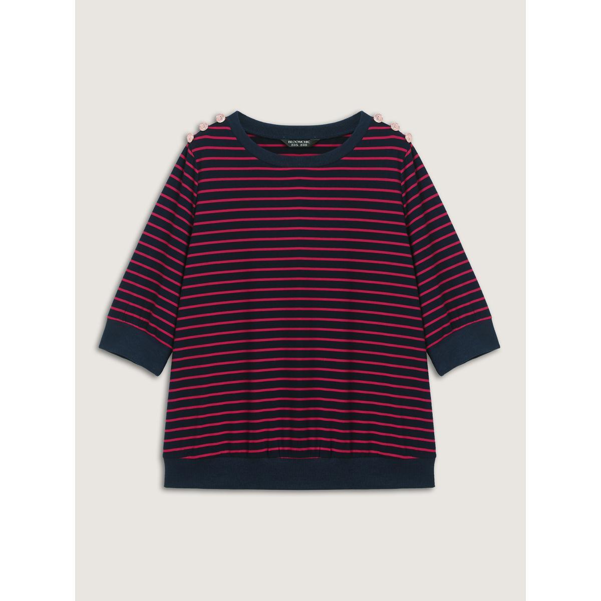Plus Size Striped Three-Quarter Sleeve Sweatshirt Women Indigo Contrast Round Neck Work Sweatshirts BloomChic 10/M Product Image