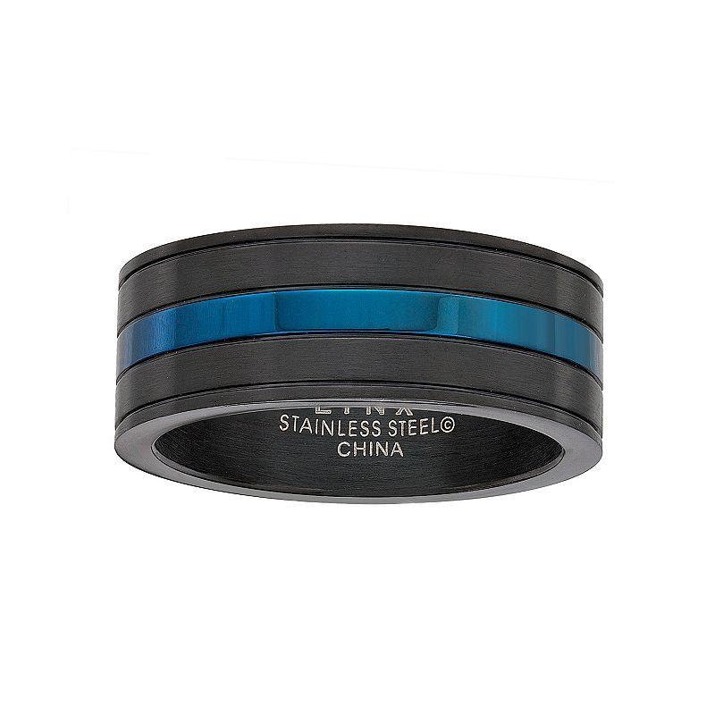 LYNX Men's Striped Black & Blue Stainless Steel Ring, Size: 8, Two Tone Product Image