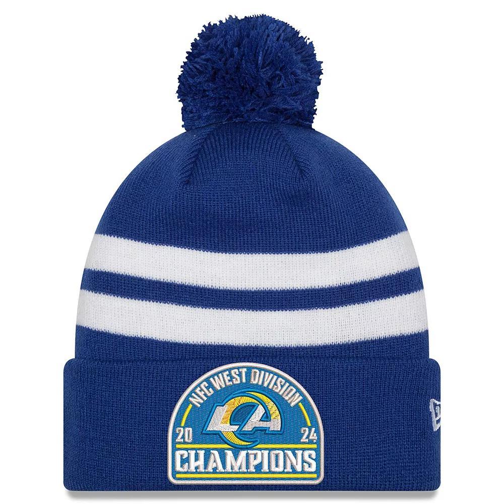 Men's New Era Royal Los Angeles Rams 2024 NFC West Division Champions Striped Cuffed Knit Hat with Pom, Blue Product Image