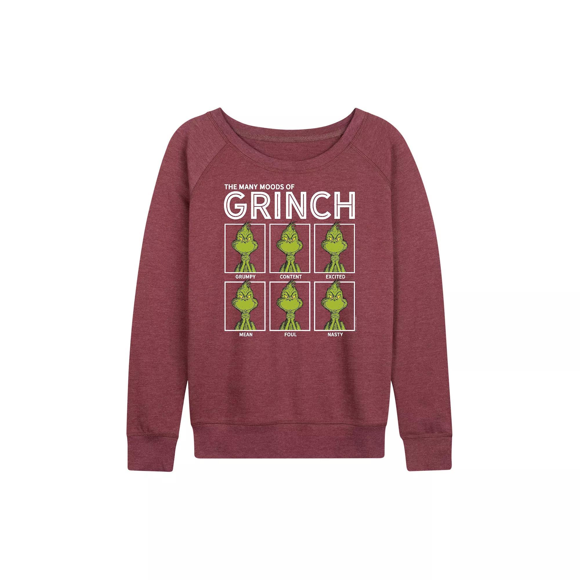 Womens Dr. Seuss The Grinch Many Moods French Terry Long Sleeve Tee, Girls Grey Indigo Product Image