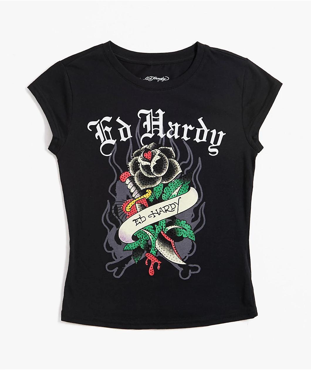 Ed Hardy Rose Rhinestone Cap Sleeve Black T-Shirt Product Image