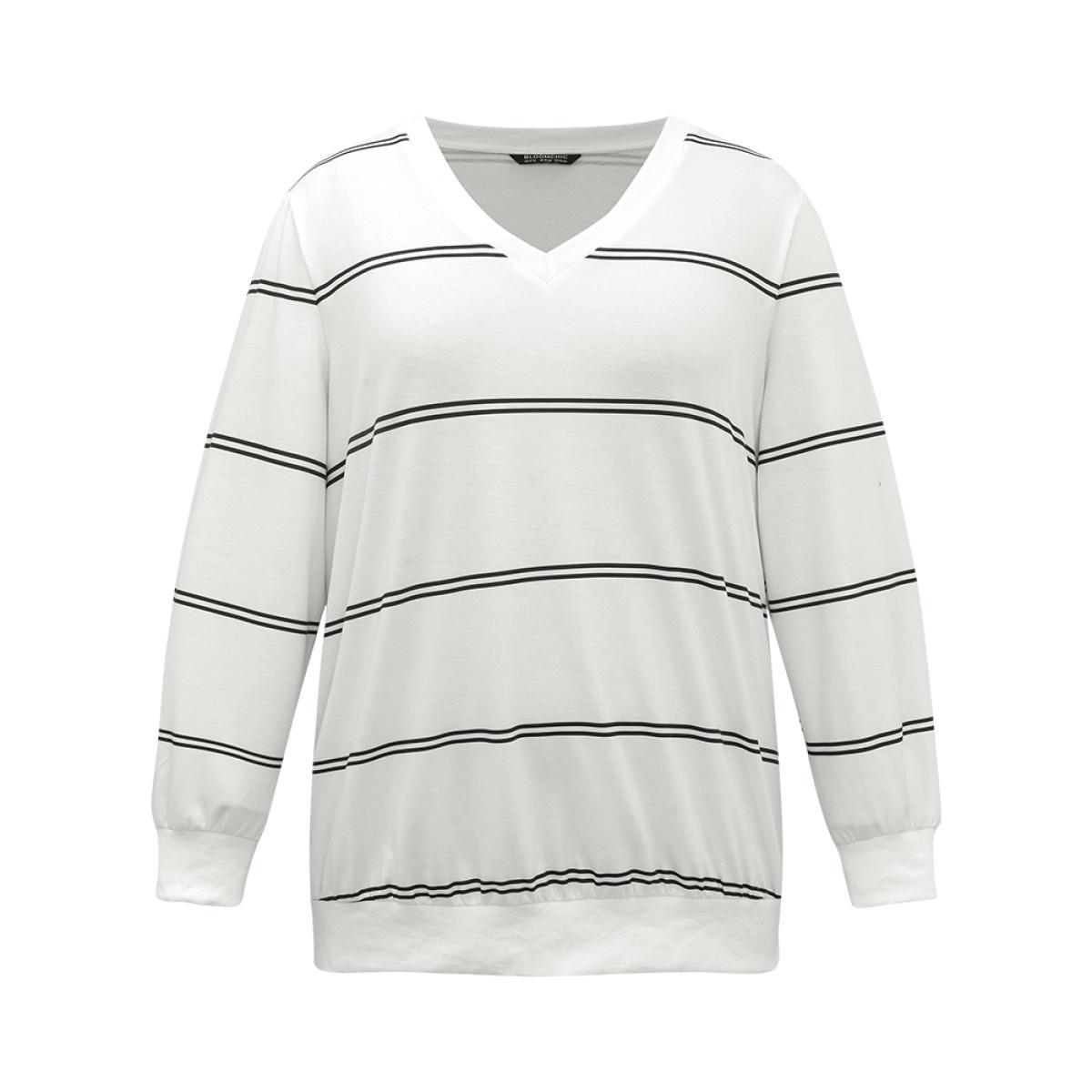 Plus Size Rib Knit Striped V Neck Sweatshirt Women White Casual Rib Knit V-neck Dailywear Sweatshirts BloomChic 22-24/3X Product Image
