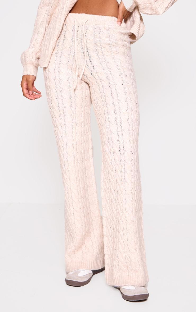 Oatmeal Cable Knit Drawstring Waist Pants Product Image