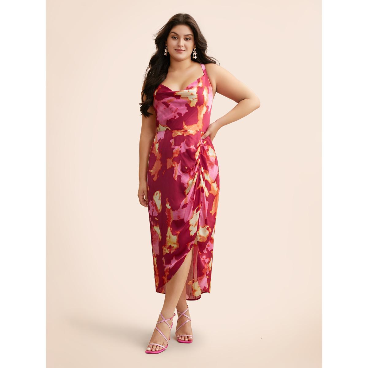 Plus Size Colorblock Contrast Shirred Pleated Dress RedViolet Women Formal Gathered Cowl Neck Sleeveless Curvy BloomChic 10/M Product Image