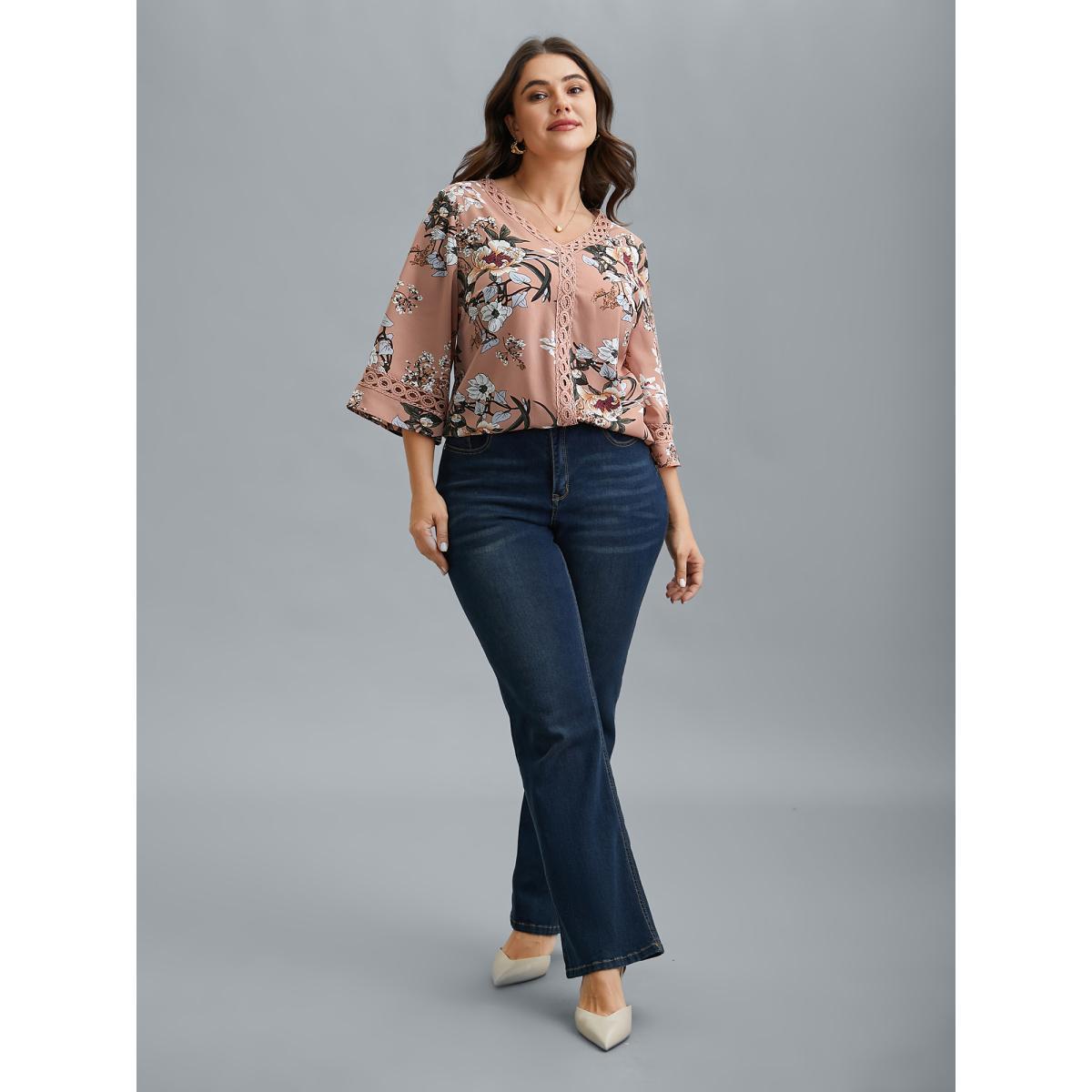 Plus Size Dirtypink Blooming Flower Print Webbing Spliced Blouse Women Elegant Elbow-length sleeve V-neck Everyday Blouses BloomChic 26/4X Product Image