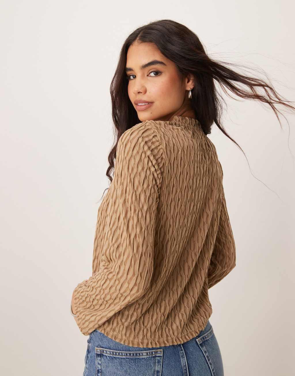 VILA long sleeve textured top in gold yellow Product Image
