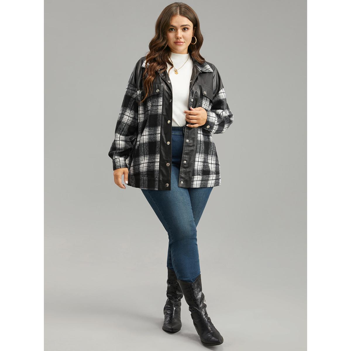 Plus Size Plaid Patchwork Contrast Button Up Shacket Women Black Contrast Pocket Dailywear Jackets BloomChic 12/L Product Image