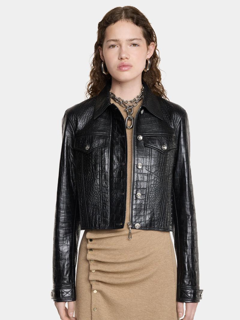 CROPPED JACKET IN CROCO-EMBOSSED LEATHER Product Image