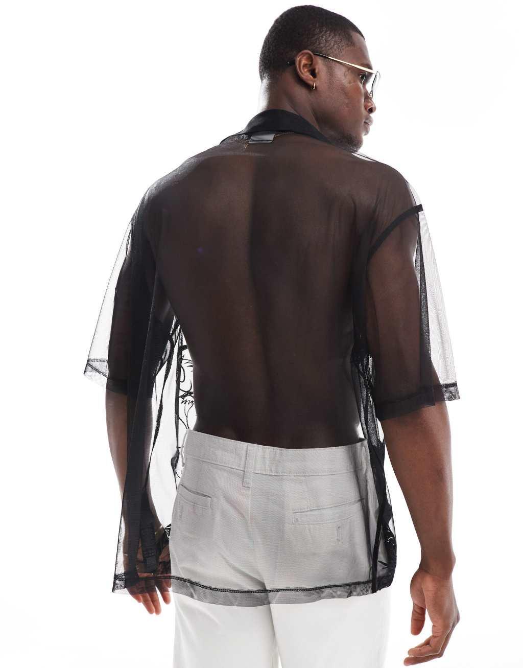 ASOS DESIGN shirt in sheer mesh with dragon embroidery in black Product Image
