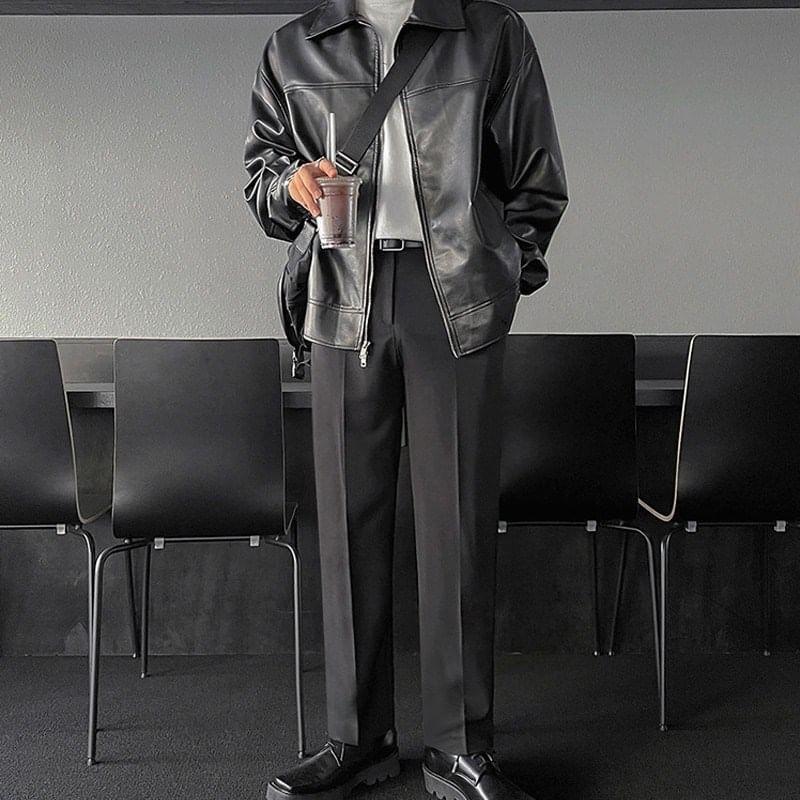 Collared Faux Leather Zip-Up Jacket Product Image