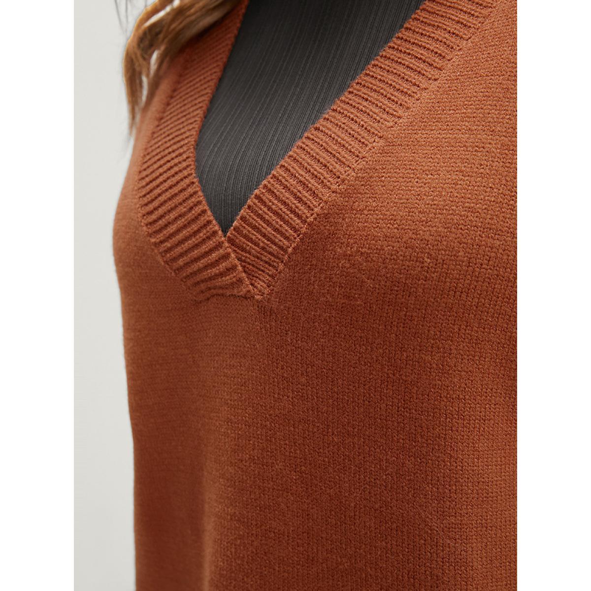 Plus Size Solid Pointelle Knit V Neck Sleeveless Knit Top Brown Women Elegant Sleeveless V-neck Dailywear Pullovers BloomChic 18-20/2X Product Image