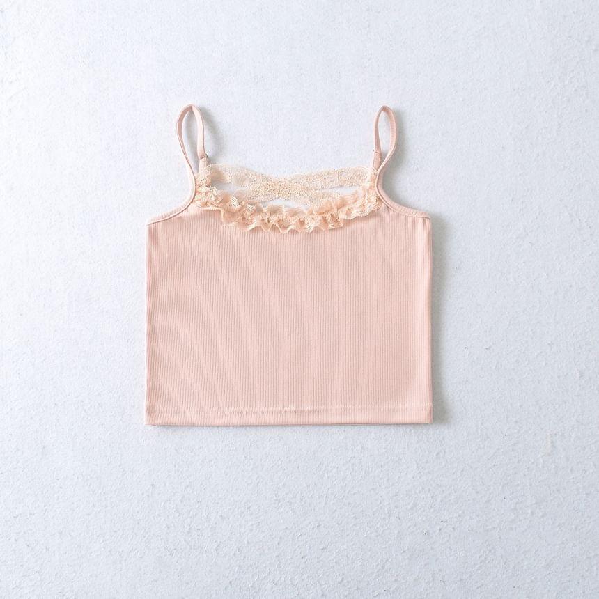 Set: Lace Trim Plain Crop Cami Top + Button-Up Cardigan Product Image