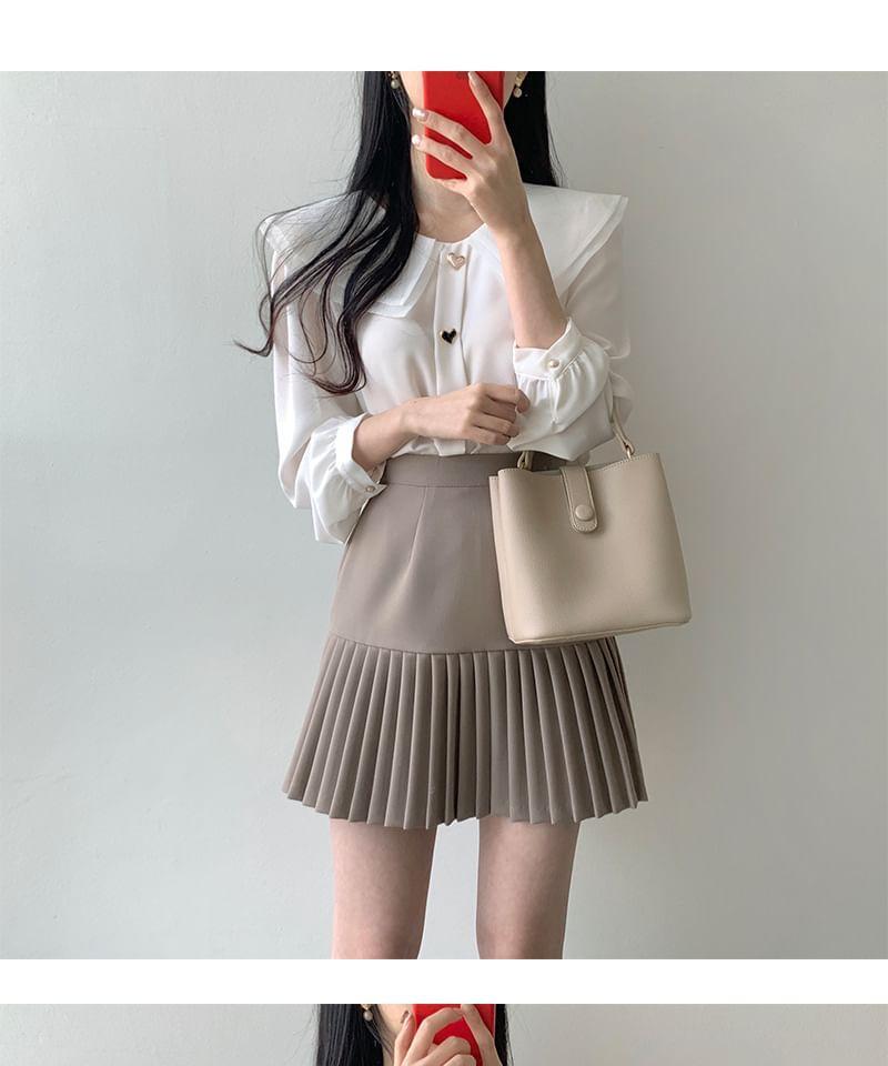 Long-Sleeve Plain Heart Button Blouse / High Waist Accordion Pleated Mini A-Line Skirt Product Image