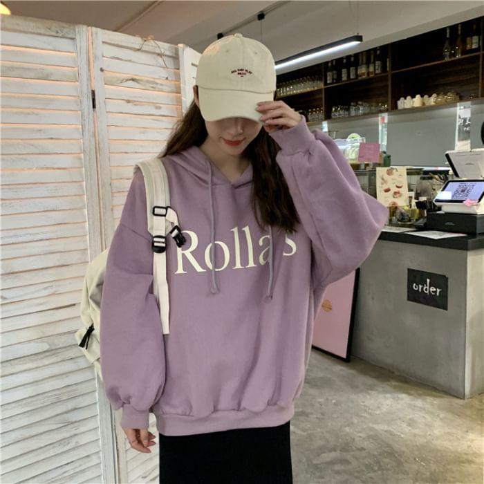 Long Sleeve Lettering Print Hooded Loose-Fit Sweatshirt Product Image