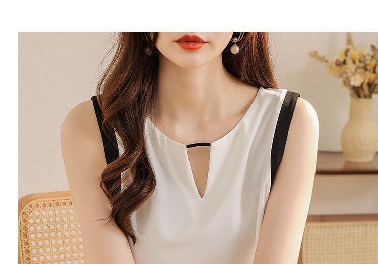 Sleeveless Crew Neck Plain Cutout Chiffon Top Product Image
