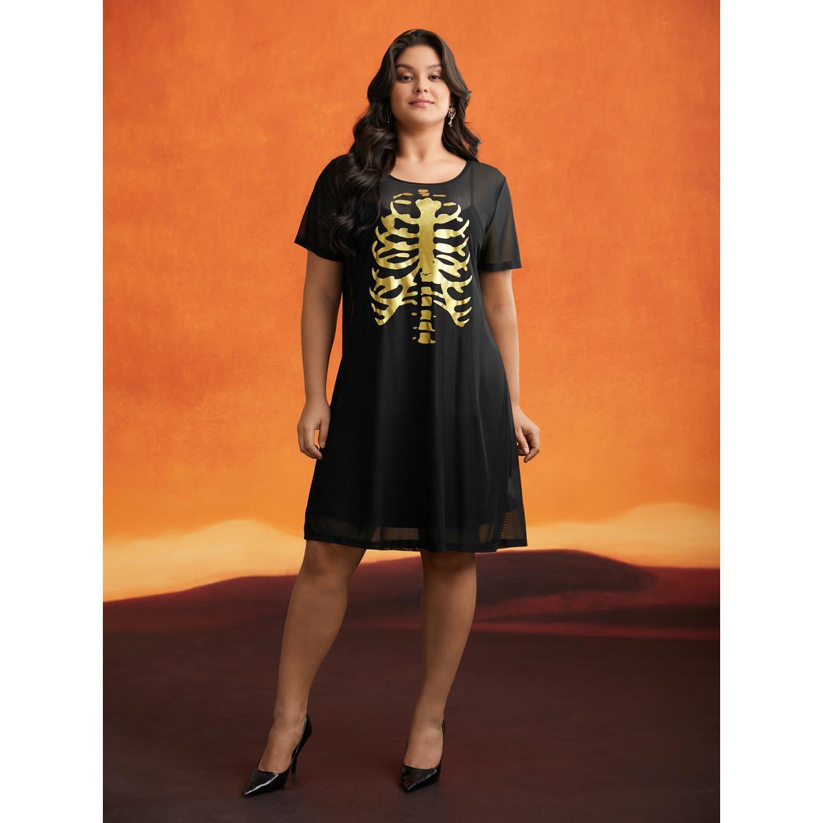 Plus Size Bone Stamping Gold Accents Mini Dress Black Women Cocktail Texture Party Curvy Bloomchic 10/M Product Image