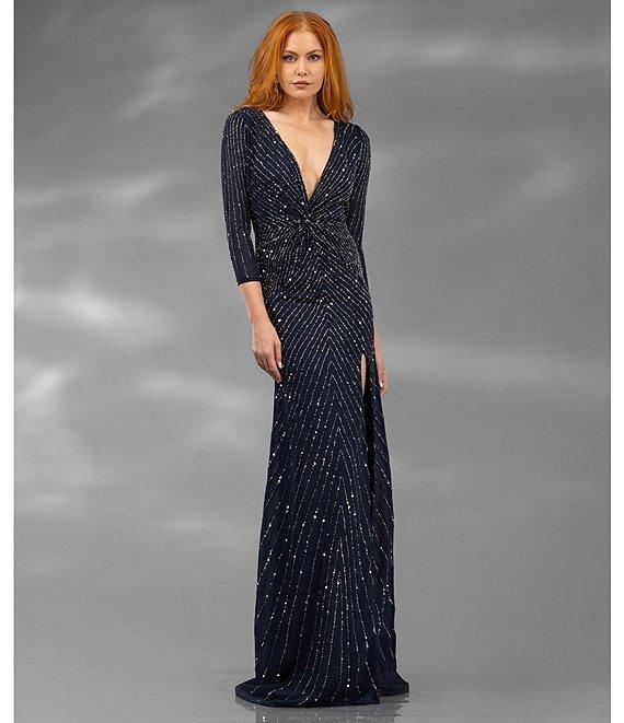 Terani Couture V Neck 3/4 Sleeve Sequin Chiffon Column Gown Product Image