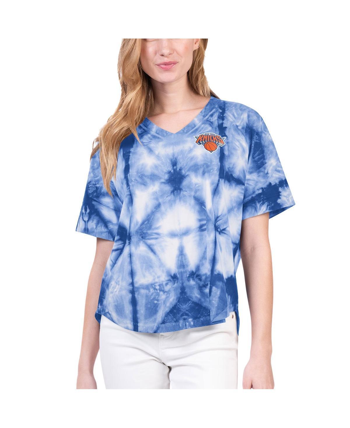 Women's G-III 4Her by Carl Banks Blue New York Knicks Tournament Raglan Oversized Tie-Dye V-Neck T-Shirt, Size: Small Product Image