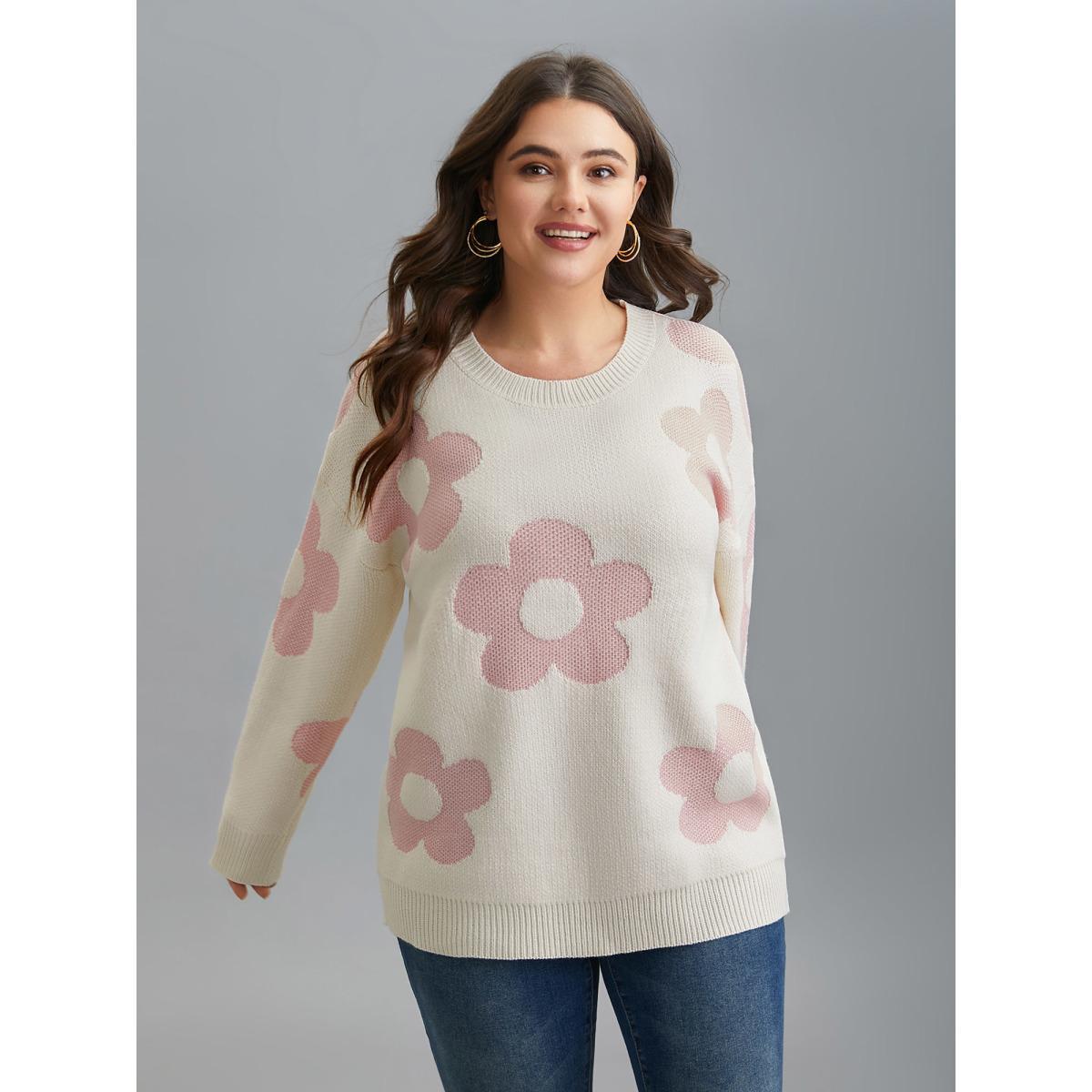 Plus Size Round Neck Floral Pattern Pullover Ivory Women Casual Loose Long Sleeve Round Neck Everyday Pullovers BloomChic 18-20/2X Product Image