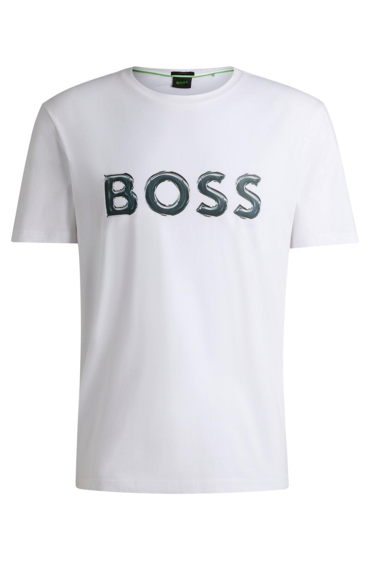 Stretch-cotton T-shirt with photo-print logo Product Image