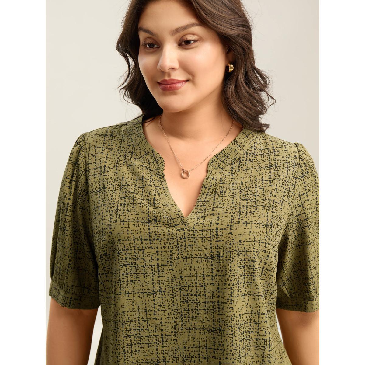 Plus Size ArmyGreen Geometric Print Puff Sleeve Blouse Women Elegant Short sleeve Flat collar with V-notch Everyday Blouses BloomChic 12/L Product Image