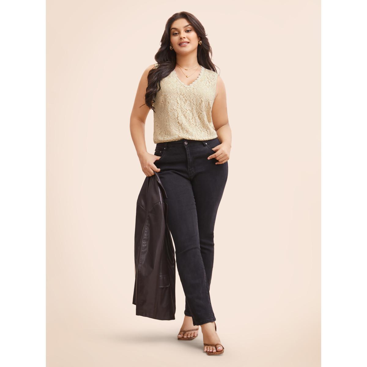 Plus Size V Neck Crochet Lace Mesh Tank Top Women LightBrown Elegant Woven ribbon&lace trim V-neck Everyday Tank Tops Camis BloomChic 10/M Product Image
