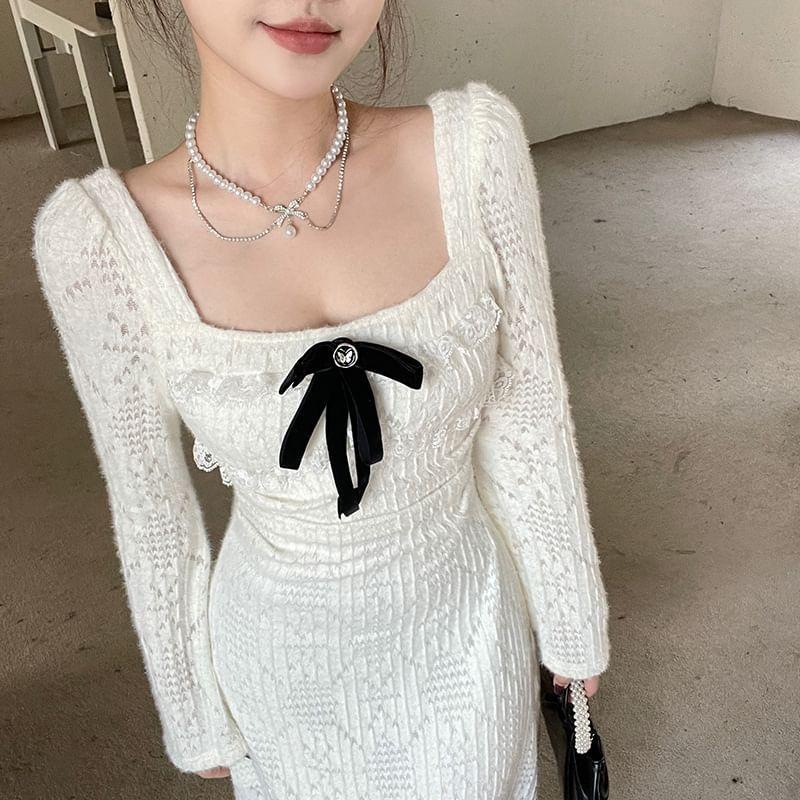 Flared-Cuff Square-Neck Bow Midi A-Line Lace Dress (Various Designs) Product Image