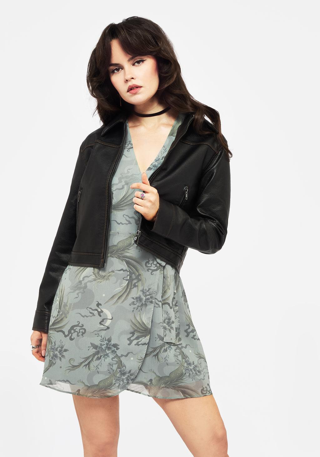 Sapphira Dragon Print Chiffon Mini Wrap Dress Product Image