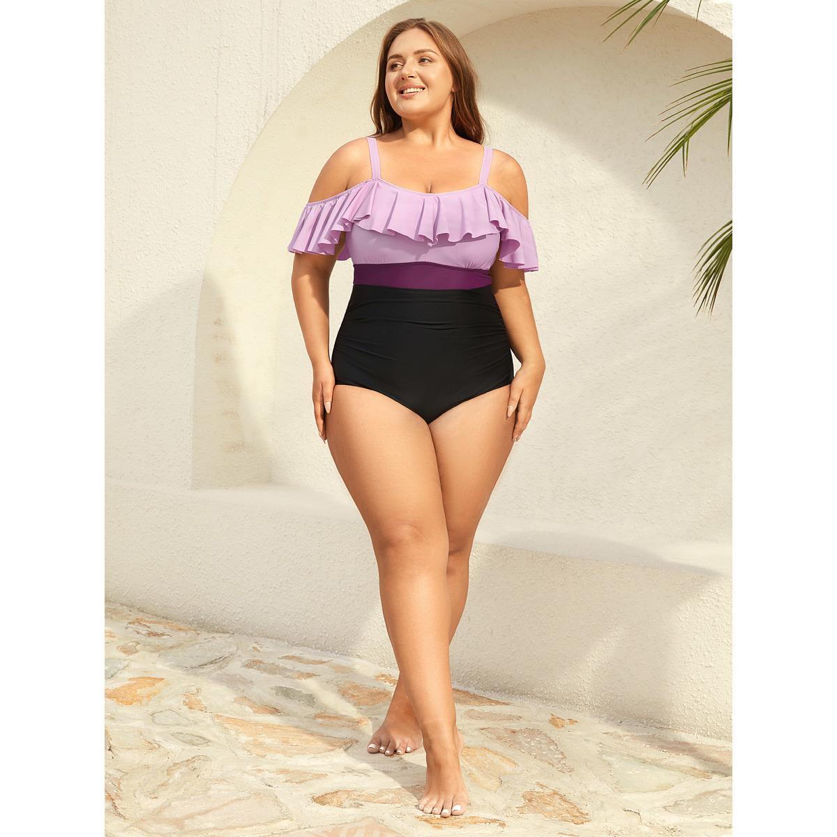 Plus Size Cold-Shoulder Ruffled One-Piece Swimsuit Women's Swimwear Lilac Beach Gathered Curve Bathing Suits High stretch One Pieces BloomChic 10/M Product Image