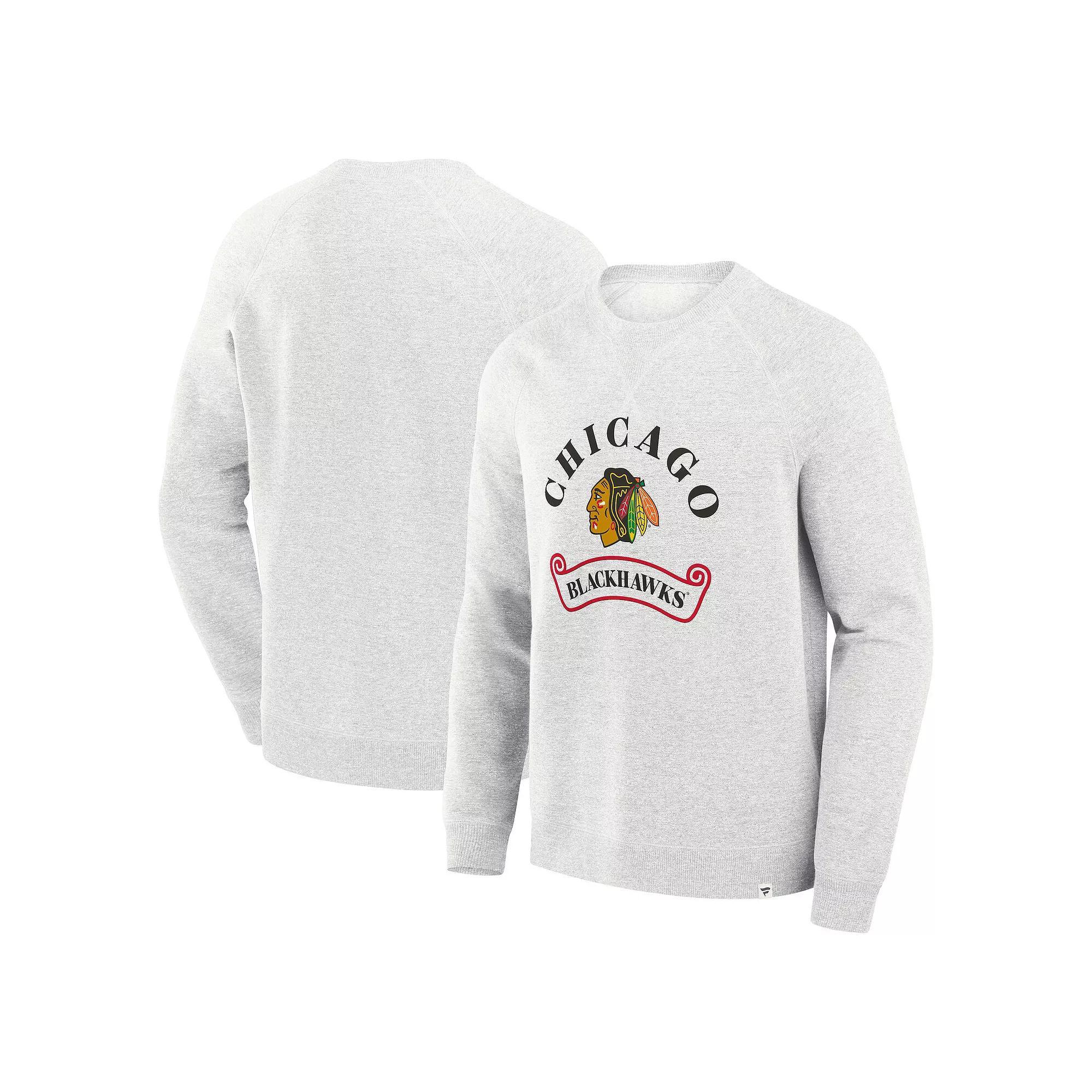 Men's Fanatics Heather Gray Chicago Blackhawks Banner Fleece Raglan Pullover Sweatshirt, Size: Small, Grey Product Image