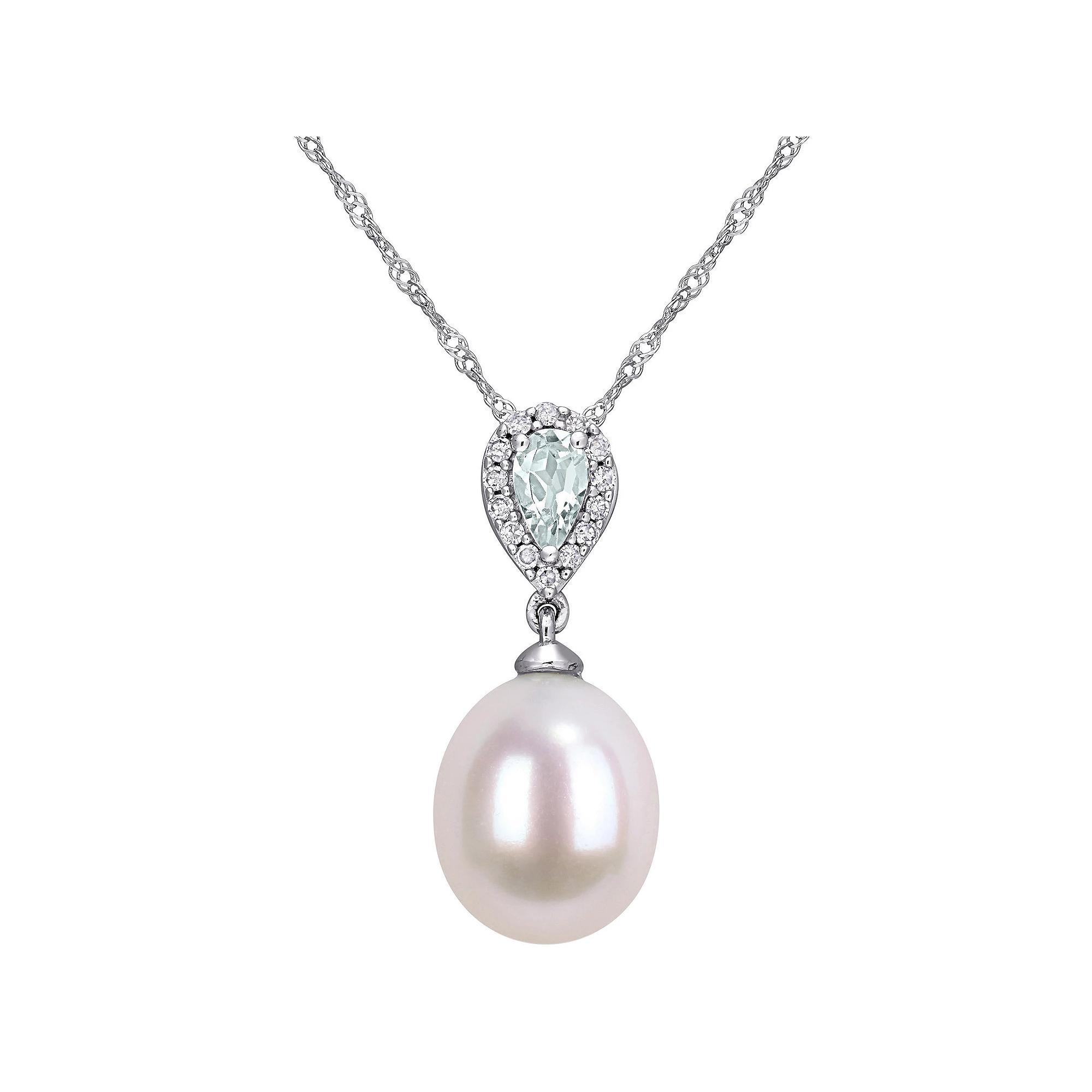 Stella Grace 10k White Gold Diamond Accent, Aquamarine & Freshwater Cultured Pearl Pendant, Women's, Size: 17", White Gold Tone Product Image