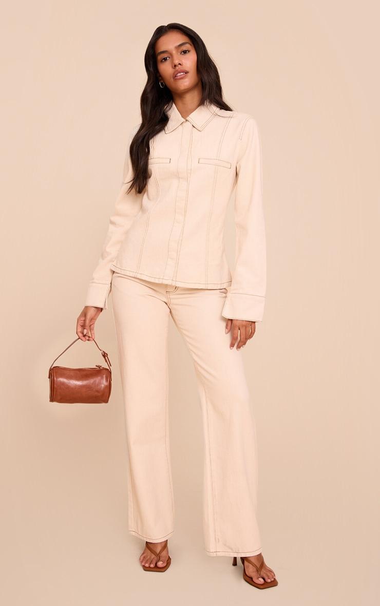 Ecru Linen Look Denim Mid Waist Straight Leg Jeans Product Image