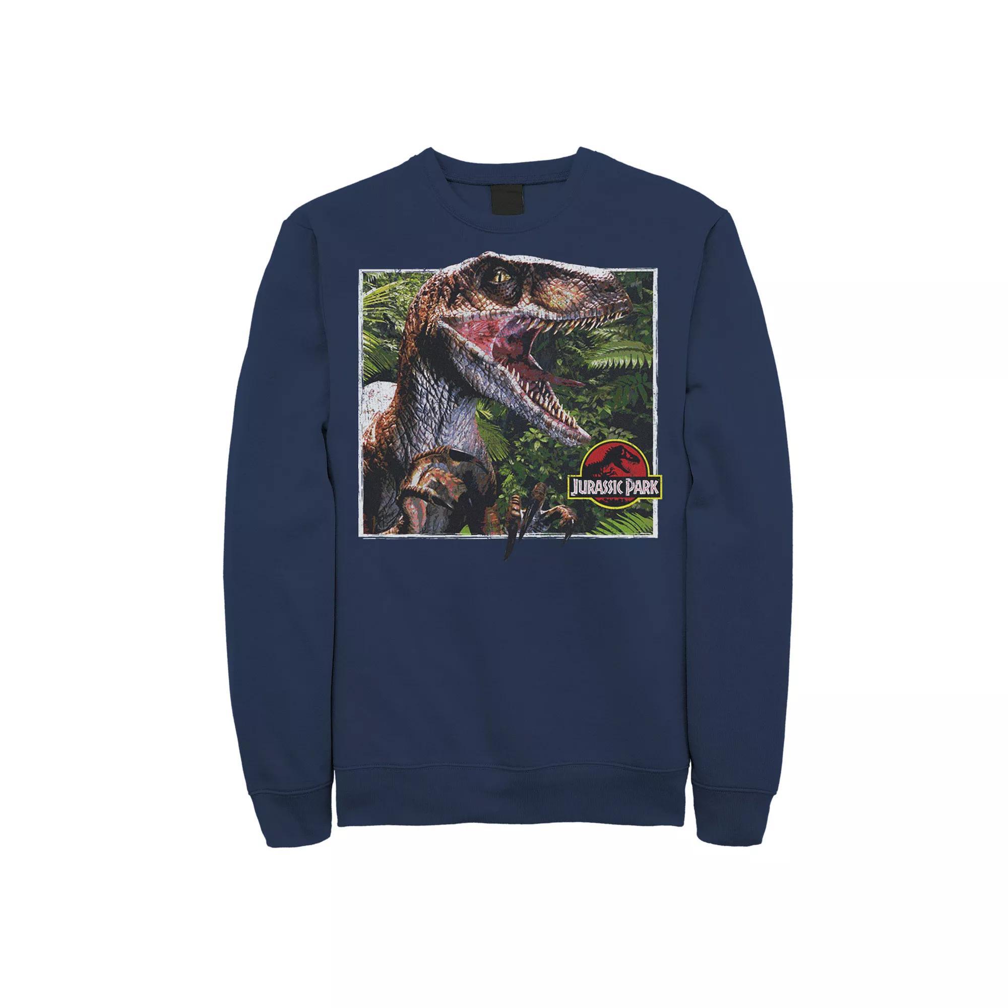 Men's Jurassic Park Raptor Coming Out Of Forest Pullover Sweatshirt, Size: XL, Blue Product Image