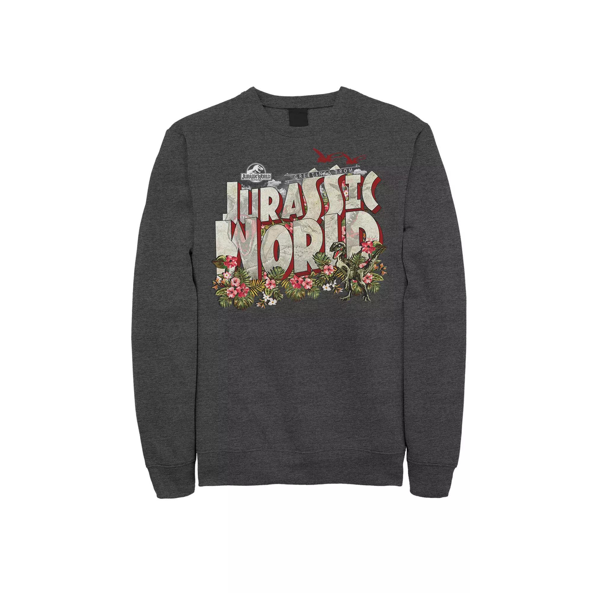 Men's Jurassic World Tropical Raptor Postcard Sweatshirt, Size: Large, Grey Heather Product Image