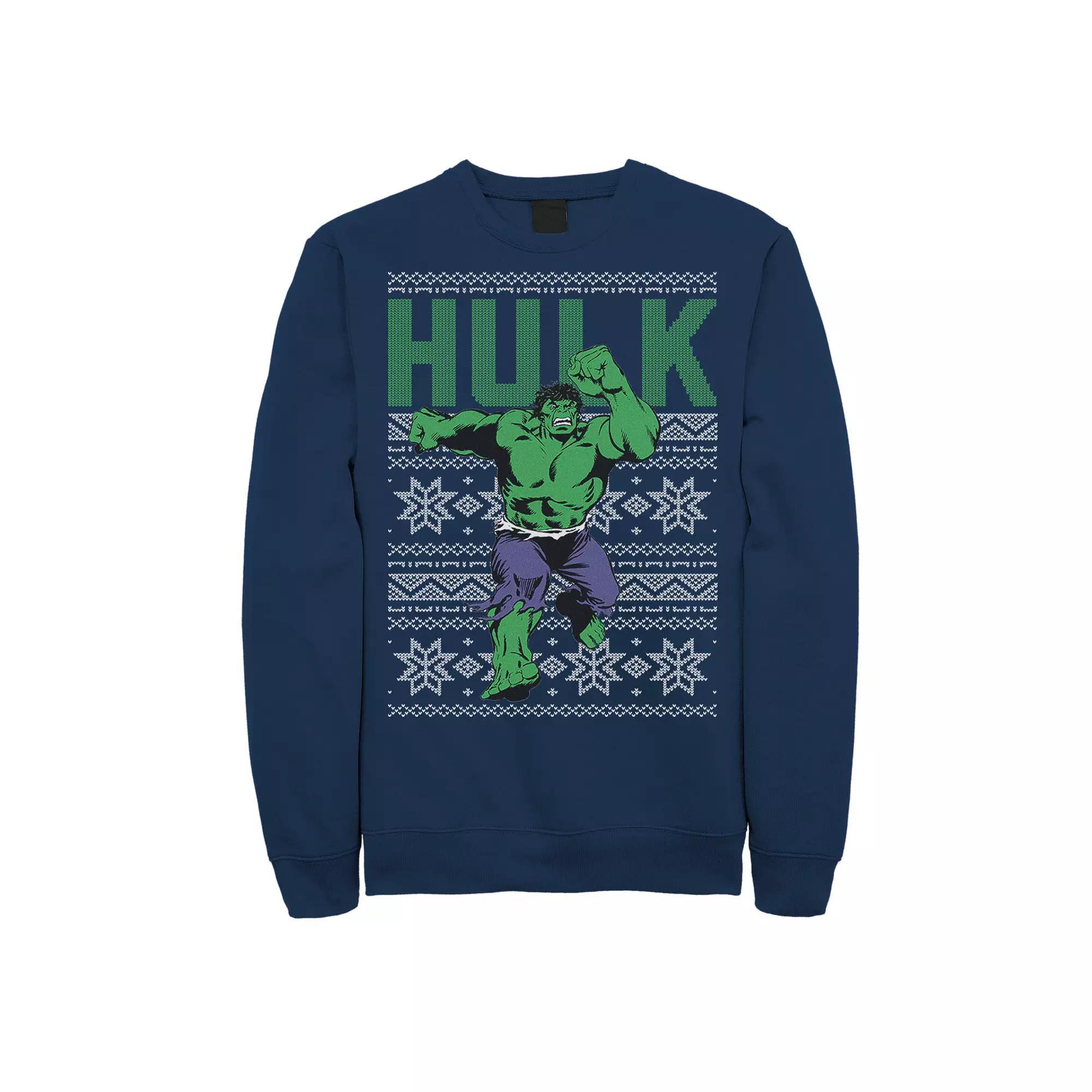 Mens Marvel Hulk Retro Ugly Christmas Graphic Fleece Pullover Product Image