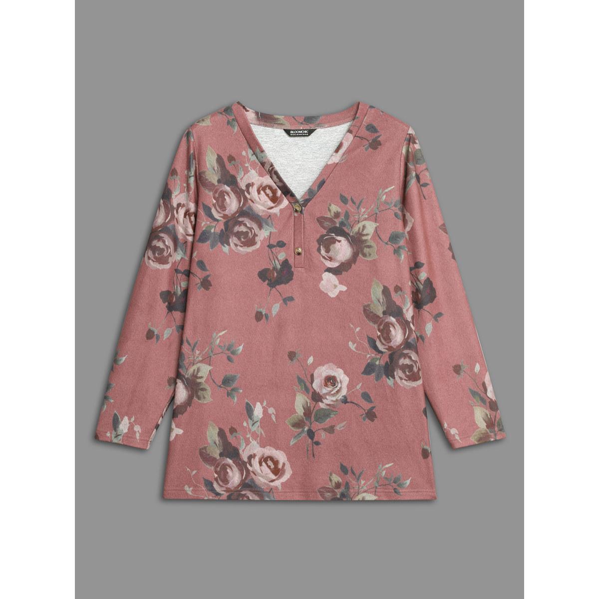 Plus Size V Neck Floral Print Button Up T-shirt DustyPink Women Casual Button Natural Flowers V-neck Everyday T-shirts BloomChic 10/M Product Image