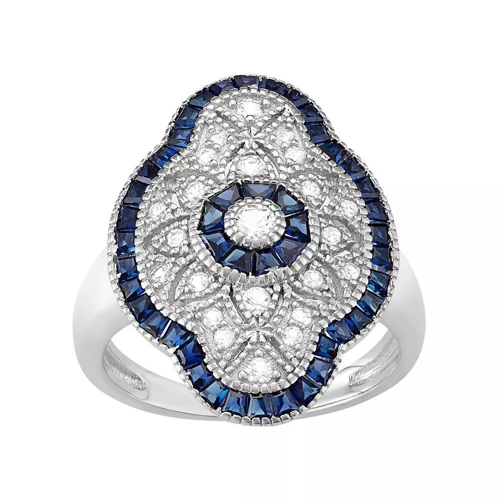 Sterling Silver Lab-Created White & Blue Sapphire Art Deco Ring, Women's, Size: 6, Med Blue Product Image