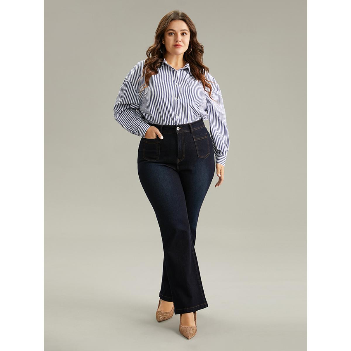 Plus Size Straight Leg Dark Wash Patched Pocket Jeans Women Midnight Casual Plain Plain High stretch Pocket Jeans BloomChic 20/2X Product Image