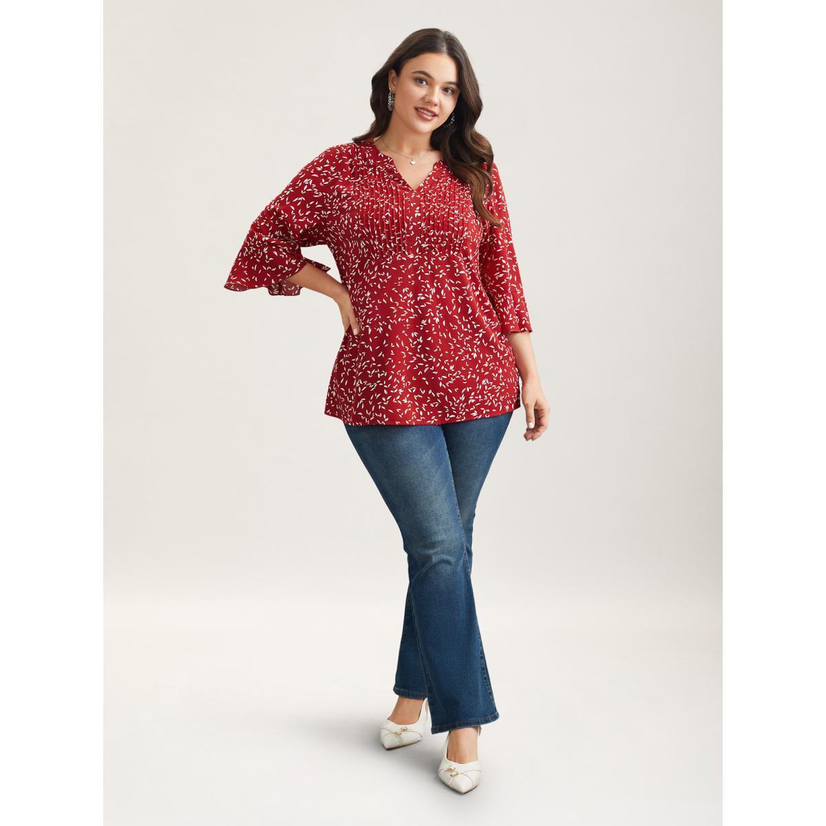 Plus Size Raspberry Toothpick Pleat Floral Notched Collar Shirt Women Elegant Elbow-length sleeve Notched collar Everyday Blouses BloomChic 18-20/2X Product Image