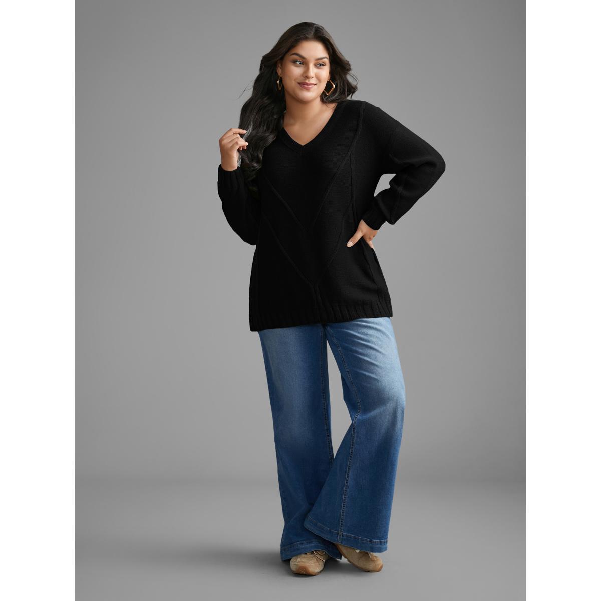 Plus Size V Neck Cable Knit Texture Pullover Black Women Casual Loose Long Sleeve V-neck Everyday Pullovers BloomChic 10/M Product Image