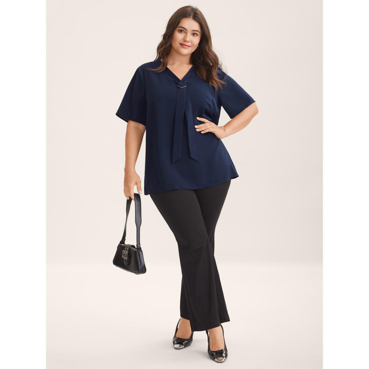 Plus Size Midnight Ribbon Neck Metallic Detail Solid Blouse Women Short sleeve Ribbon-tied collar Work Blouses BloomChic 12/L Product Image
