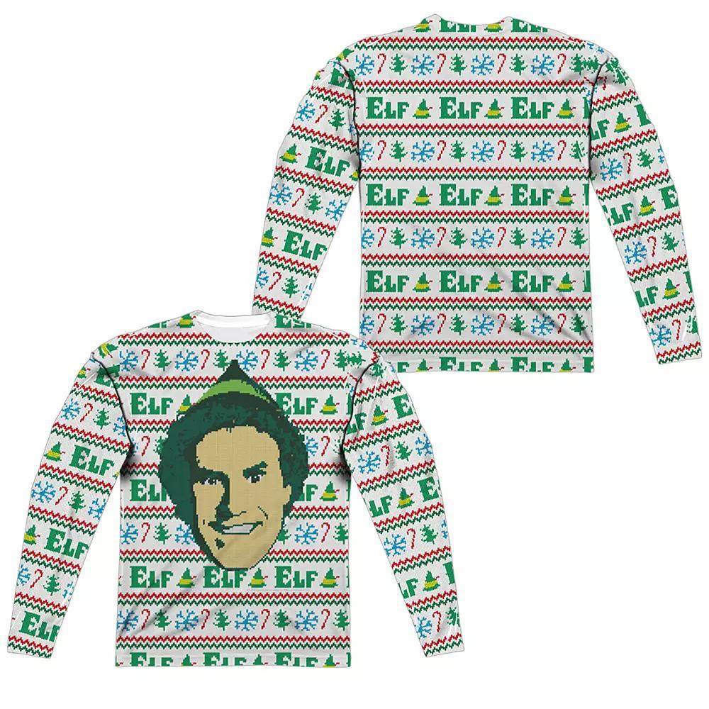Men's Elf Ugly Christmas Sweater Long Sleeve Sublimated Graphic Tee, Size: Large, Black Product Image