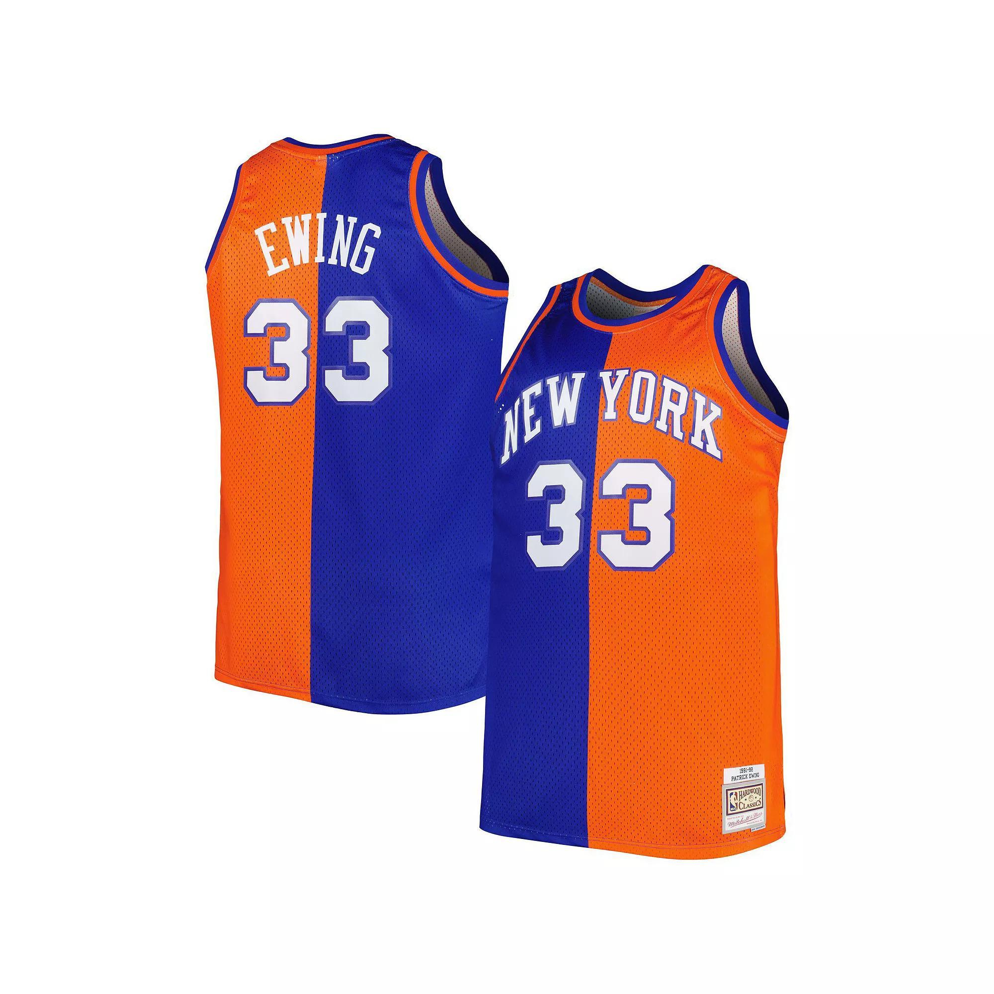 Men's Mitchell & Ness Patrick Ewing Blue/Orange New York Knicks Big & Tall Hardwood Classics 1991/92 Split Swingman Jersey, Size: 2XLT Product Image