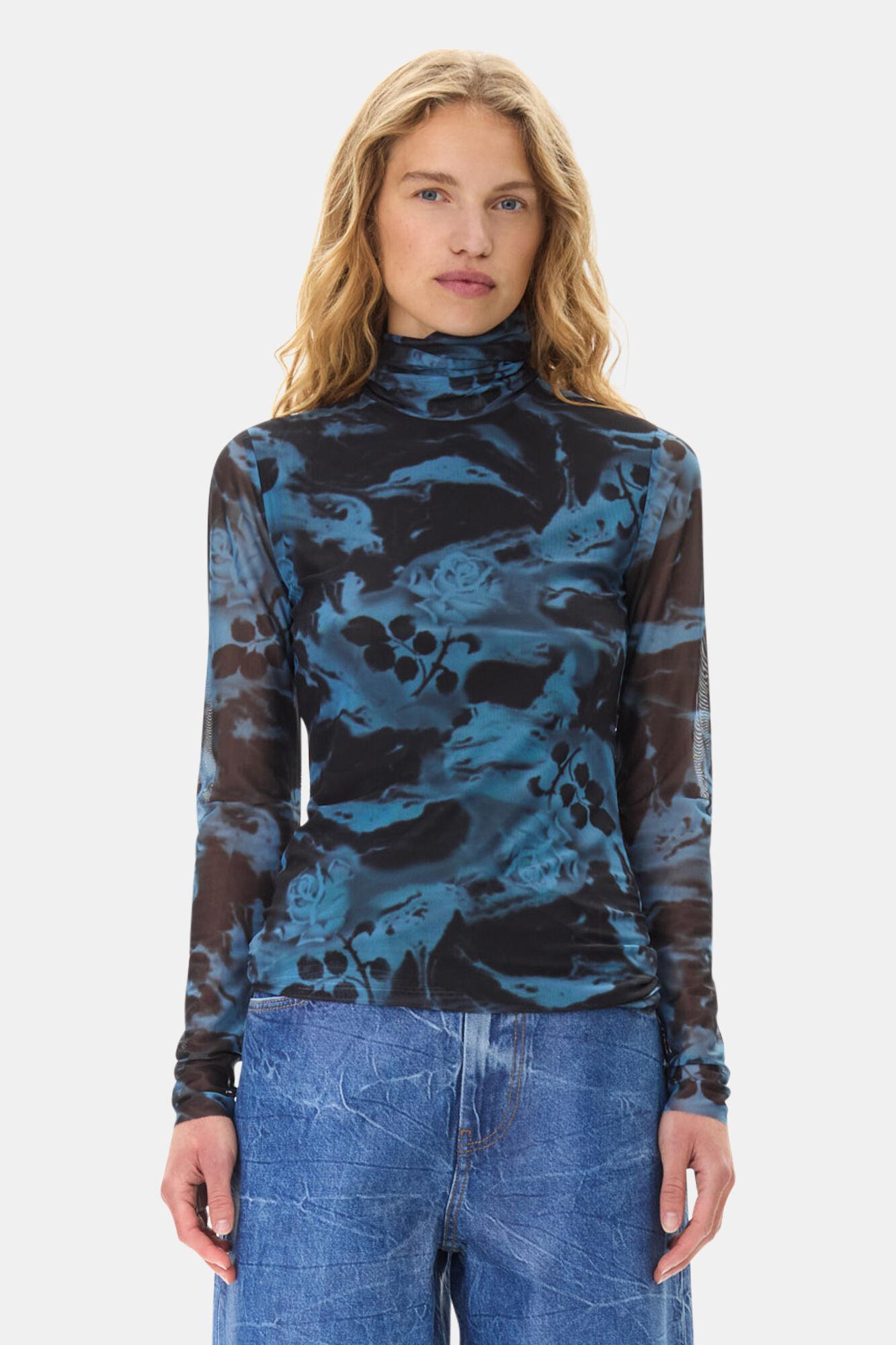 Blue Printed Mesh Long Sleeve Rollneck Product Image