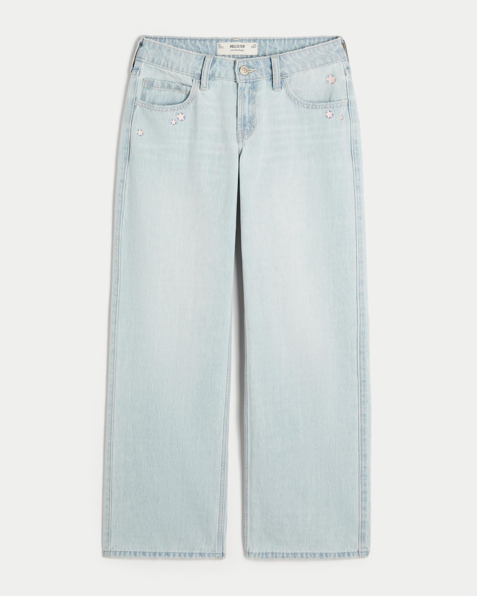 Low-Rise Light Wash Star Embroidery Baggy Jeans Product Image