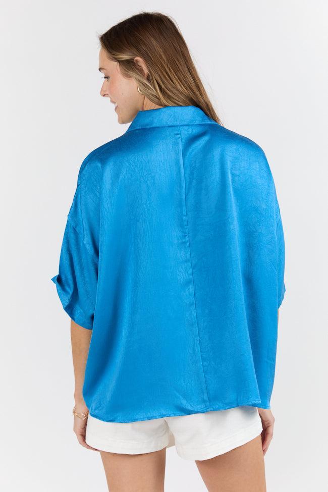 Dramatic Entrance Blue Oversized Satin Collared Blouse Product Image