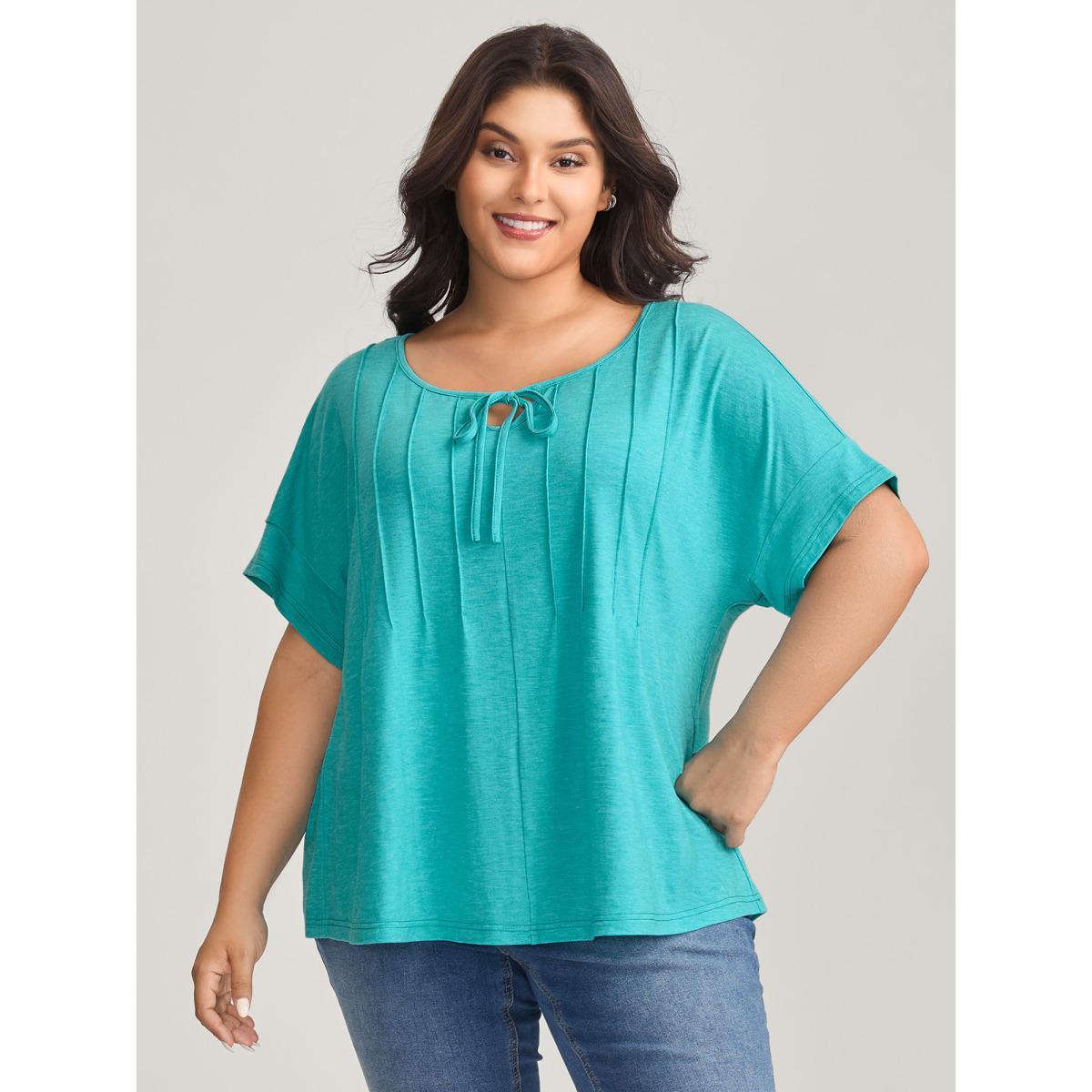 Plus Size Pleated Neck-Tie Solid T-Shirt Arctic Women Tucked seam Round Neck Everyday-Casual T-shirts BloomChic 22-24/3X Product Image