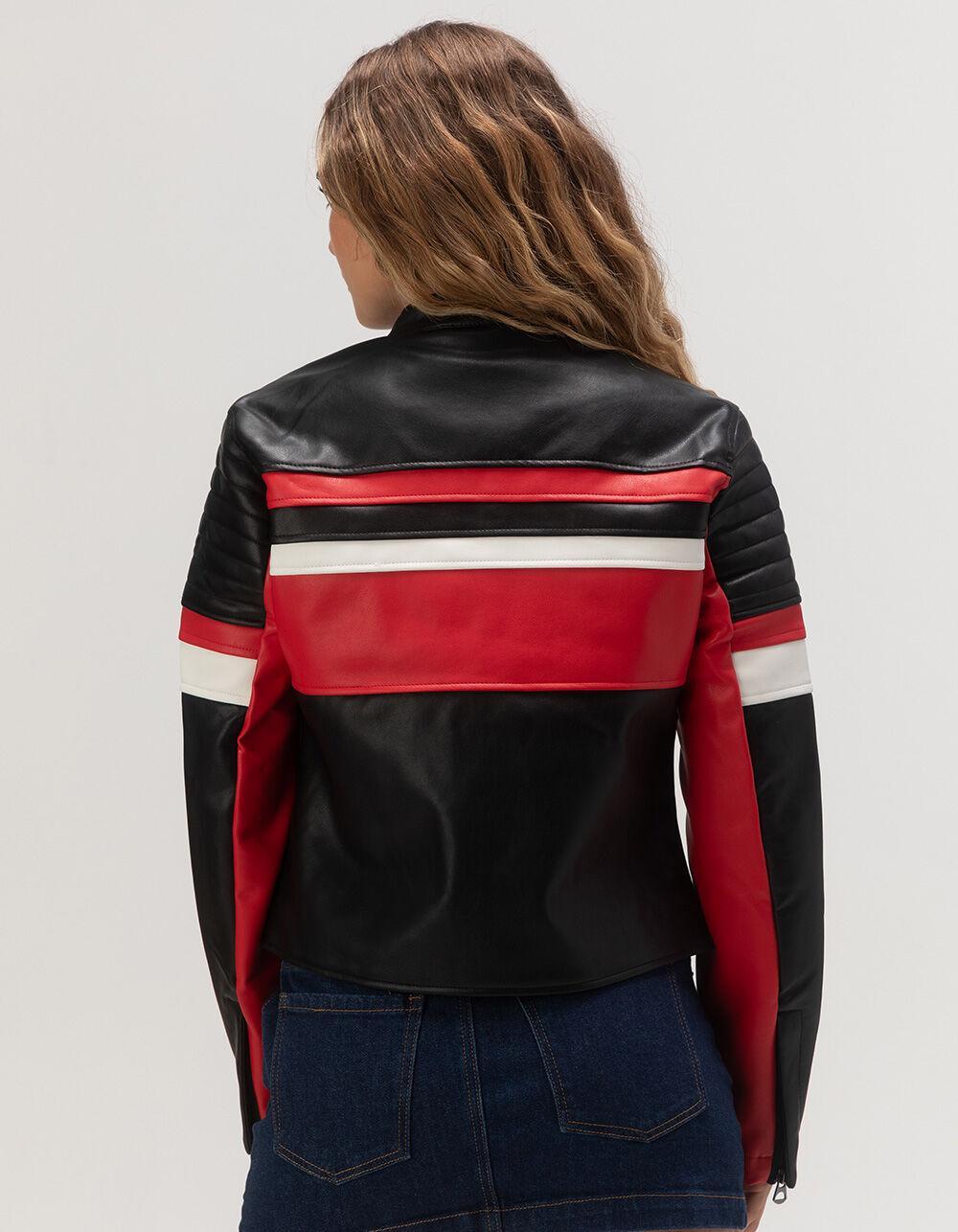 ASHLEY Stripe Racing Faux Leather Womens Jacket - BLACK COMBO Product Image
